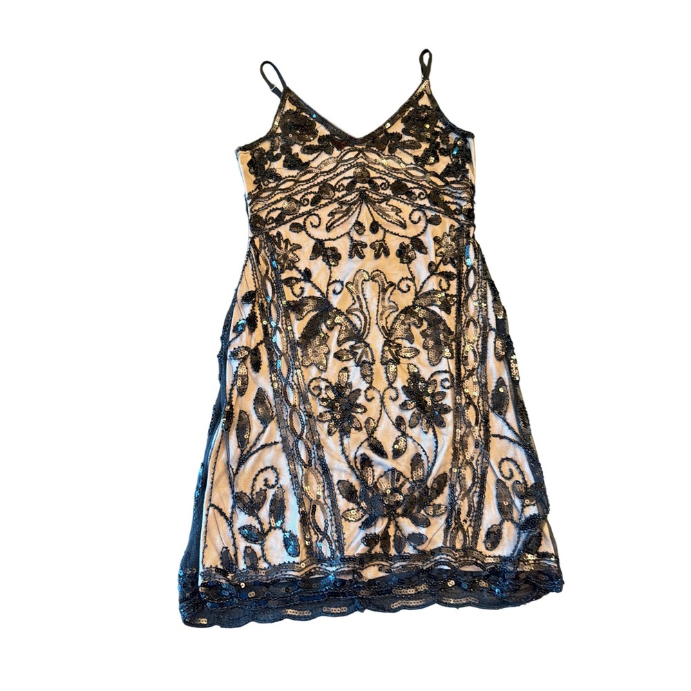 Lulus Dress Black Nude Sequin Beaded Mini Floral Art Deco Flapper 618216021 S